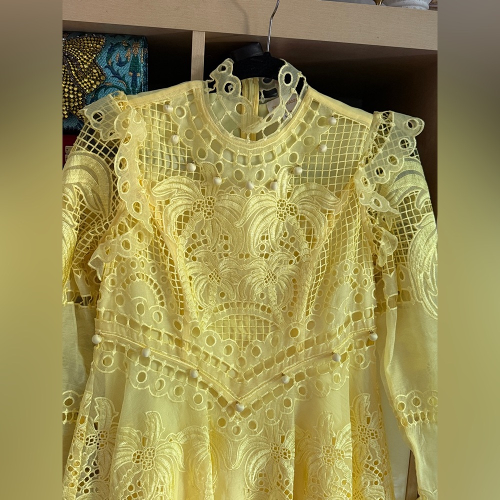 Vintage Bright Yellow Lace Long-Sleeve Fit-and-Flare Dress - Picture 12 of 16